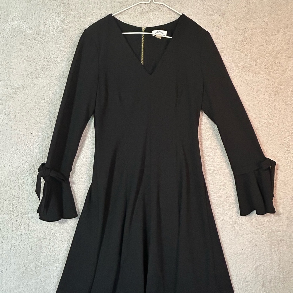 Calvin Klein Black A-Line Dress with V-Neck and Bell Sleeves NWOT
